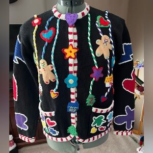 Storybook Knits M Embroidered Christmas Cardigan Sweater Heart Gingerbread Man